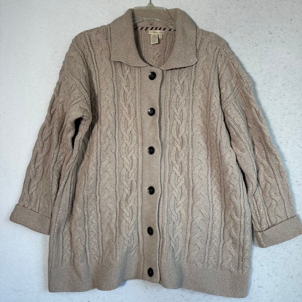 The Territory Ahead Cable Knit Cardigan Sweater Beige Merino Wool Blend Large